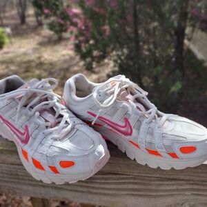 Nike Women's White Sneakers with Pink & Orange Accents